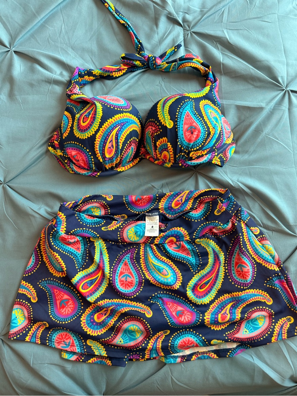 VENUS Navy Paisley Halter Bikini Set with Skirt